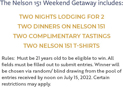 two nights lodging for two, two dinners on Nelson 151, two complimentary tastings, two t-shirts